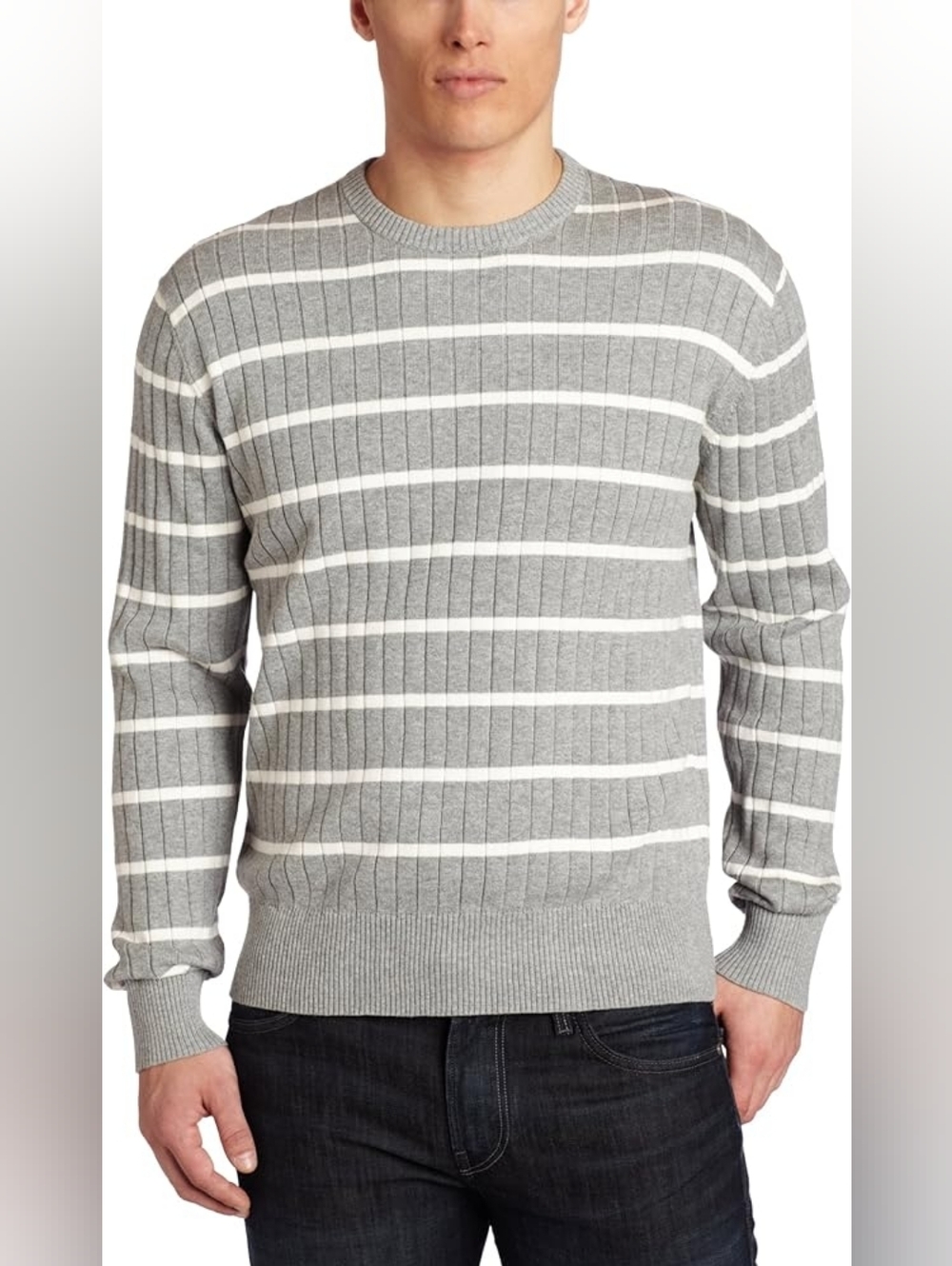 Jack Spade Franklin Gray and White Striped Crewneck 100% Cotton Sweater Men's L